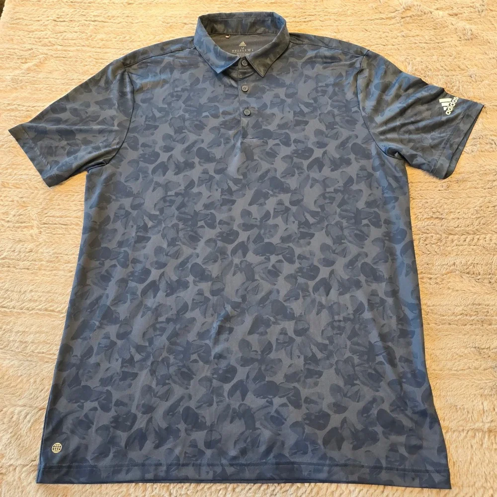 Adidas Golf Mens Medium Navy Blue Tonal Leaf Print Performance Polo Shirt